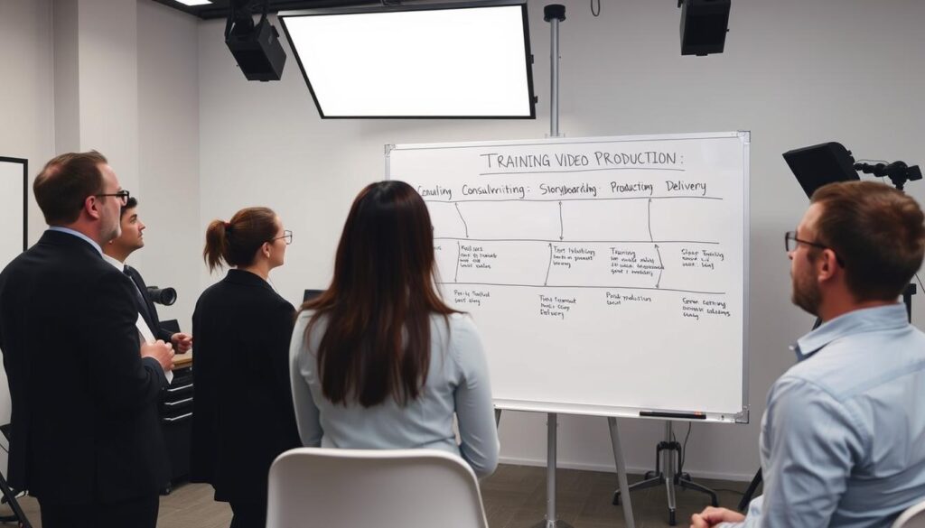 Etapy produkcji filmu szkoleniowego przedstawione na tablicy w studiu produkcyjnym