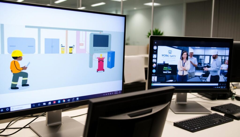Różne typy filmów szkoleniowych BHP prezentowane na ekranach komputerów
