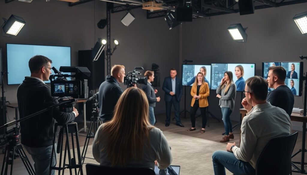 Zespół Simple Frame podczas pracy nad profesjonalnym filmem szkoleniowym w studiu produkcyjnym