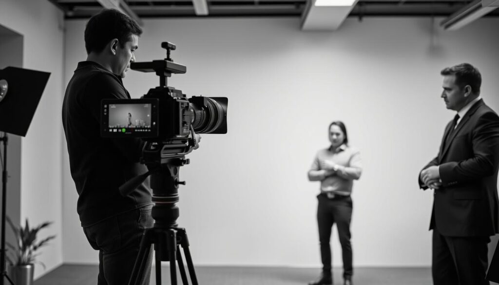 A black-and-white photograph of a corporate video production setup. A professional videographer stands behind a tripod-mounted camera, meticulously framing the shot. In the foreground, an employee stands ready, nervously adjusting their clothing. The background reveals a simple, minimalist office space, with clean lines and muted tones. Soft, even lighting illuminates the scene, creating a sense of focus and professionalism. The overall atmosphere conveys the serious yet collaborative nature of a training video shoot, showcasing the attention to detail and quality required to deliver an effective educational experience.