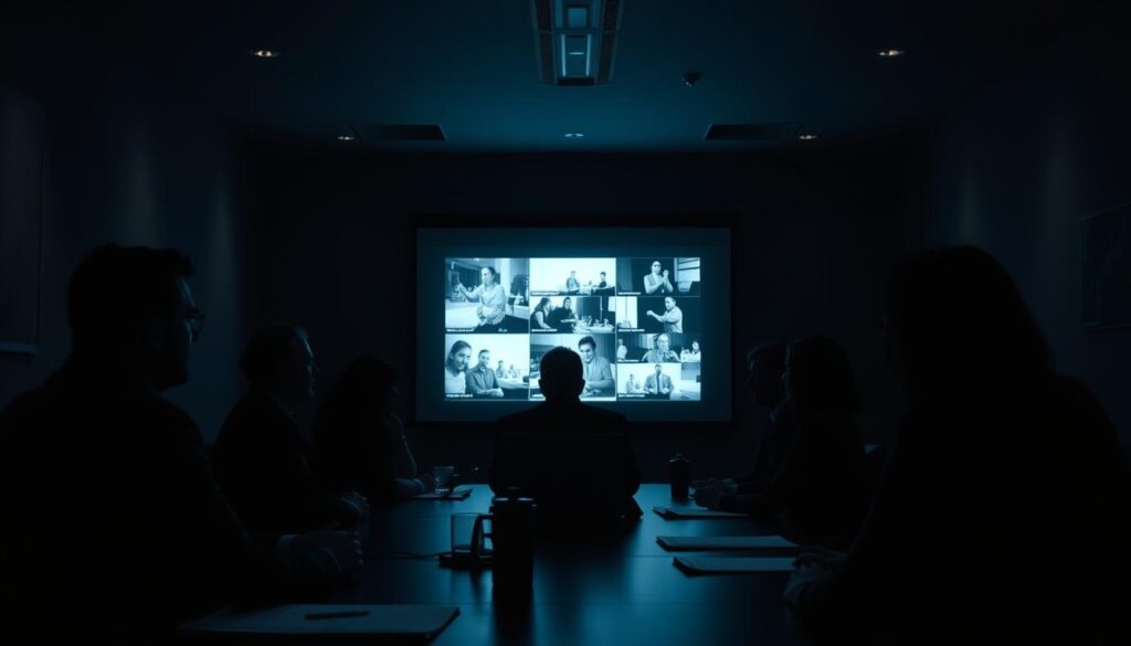 A dimly lit boardroom, the edges softened by a vignette. In the center, a projection screen casts an eerie glow, showcasing a series of monochrome training videos. Executives, their faces obscured in shadow, lean forward intently, absorbed in the content. The atmosphere is one of focus and anticipation, as they strategize the effective promotion of these educational films to their workforce. Shadows play across the room, creating a sense of depth and drama. The camera angle is slightly low, emphasizing the gravity of the situation. This is a moment of planning and preparation, where the future of the company's training initiatives hangs in the balance.