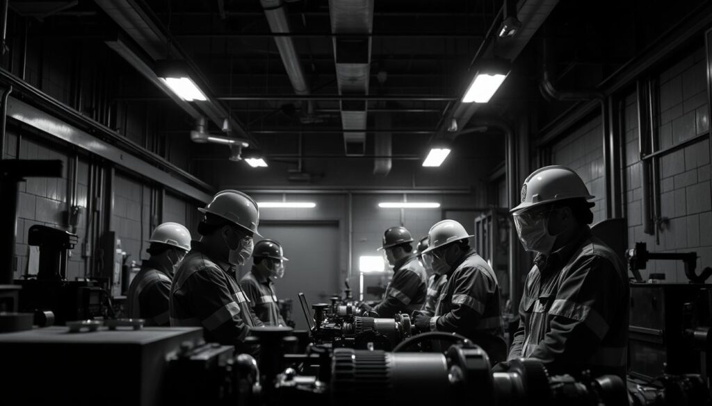A dimly lit industrial workshop, workers in protective gear engaged in hands-on training. High-contrast black-and-white cinematography captures the serious tone of workplace safety education. Overhead lighting casts dramatic shadows, emphasizing the focus and concentration of the trainees. Tight shots of equipment and machinery convey the technical nature of the subject matter. The scene exudes a sense of professionalism and attention to detail, reflecting the care and expertise required in these workplace safety film productions.