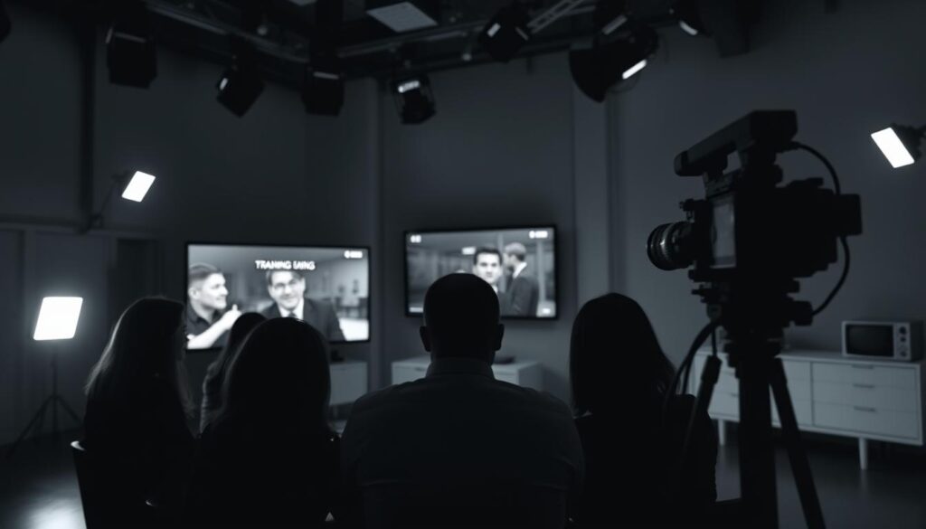 A dimly lit studio, the shadows casting a somber mood. In the foreground, a group of employees in corporate attire, their faces obscured, gathered around a table, intently focused on a training video playing on a large screen. The middle ground features a camera operator, their lens trained on the scene, capturing the intensity of the moment. In the background, a clean, minimalist set design with a neutral color palette, emphasizing the educational nature of the scene. The lighting is low-key, with strategic highlights illuminating the participants, creating a sense of seriousness and professionalism. The overall atmosphere conveys the importance of workplace safety training, the black-and-white aesthetic adding a timeless, documentary-like quality to the image.