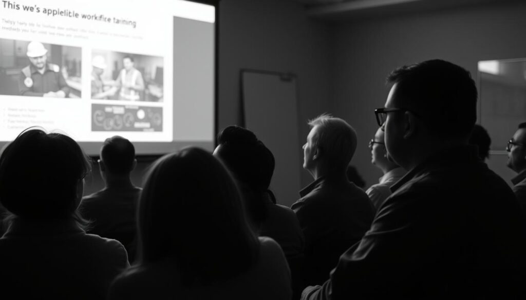 A high-contrast black-and-white film depicting a workplace safety training session. The scene shows a group of office workers intently watching a presentation, their faces illuminated by the glow of a projection screen. The lighting is stark, creating dramatic shadows that emphasize the serious nature of the subject matter. The camera angle is slightly elevated, giving a sense of authority and professionalism to the proceedings. The background is blurred, keeping the focus on the central group and the training materials they are engaged with. The overall mood is one of earnest education and a commitment to workplace safety.