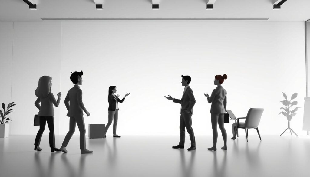 A minimalist black and white illustration showcasing 2D and 3D animations in a corporate training setting. A clean, modern aesthetic with a focus on simplicity and efficiency. The foreground features dynamic animated figures in various poses, conveying a sense of movement and engagement. The middle ground presents a sleek, geometric backdrop, perhaps inspired by wireframe or schematic designs. The background subtly hints at a professional office environment, with muted architectural elements that complement the overall corporate theme. Soft, directional lighting creates depth and emphasizes the interplay of light and shadow. The overall mood is one of sophistication, clarity, and a commitment to delivering effective training solutions.