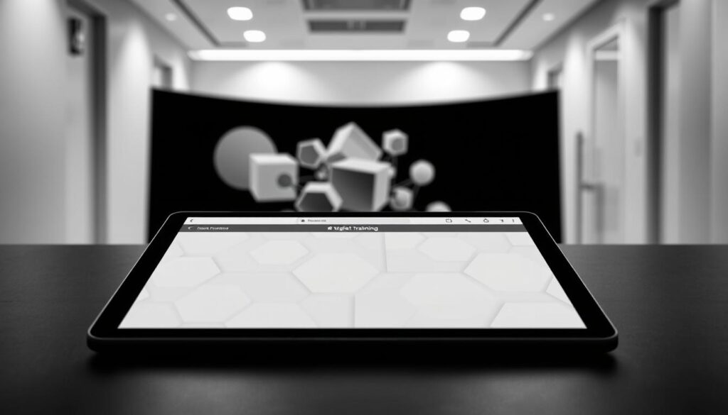 A monochromatic study of interactive training materials, captured with a sharp, high-contrast aesthetic. In the foreground, a crisp tablet display showcases a sleek, minimalist interface, inviting the viewer to explore the digital learning experience. The middle ground reveals a collection of abstract geometric shapes, hinting at the modular, customizable nature of the training content. The background subtly fades into a softly lit, clinical setting, emphasizing the professional, corporate environment in which these materials are utilized. Lighting is directional, casting dramatic shadows that accentuate the clean lines and tactile textures of the various elements. The overall mood is one of sophistication, efficiency, and a focus on user-centric design, reflecting the needs of the modern corporate training landscape.