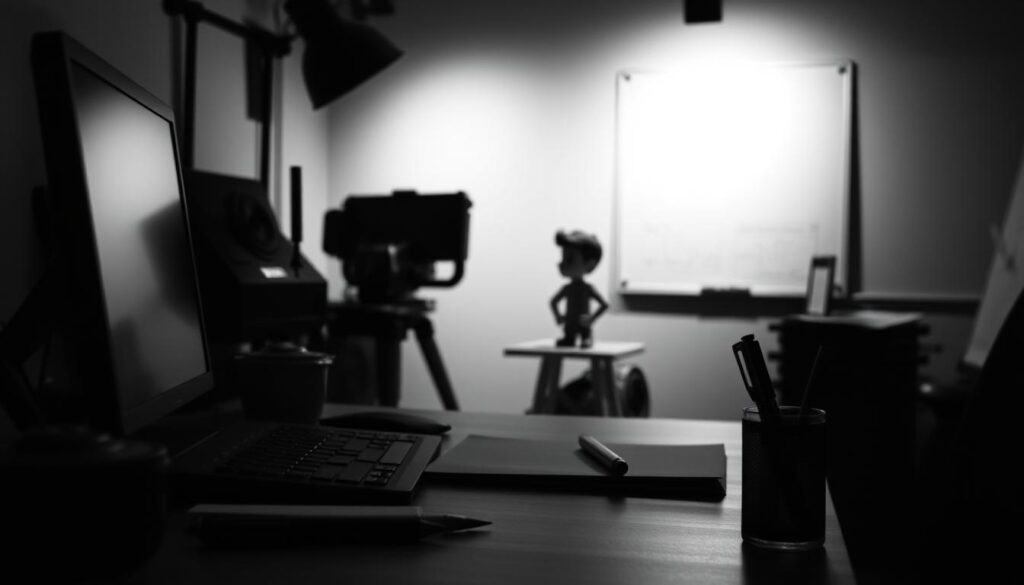 A monochrome snapshot of a production studio, dimly lit with subtle shadows. In the foreground, a desk with a computer, notebook, and pens, symbolizing the analytical process of cost optimization. The middle ground reveals a 3D model of an animated character, hinting at the creative aspects of production. In the background, a whiteboard with sketches and diagrams, suggesting the collaborative nature of the endeavor. The overall atmosphere is one of thoughtful concentration, conveying the challenge of balancing creativity and financial prudence in the creation of training animations.