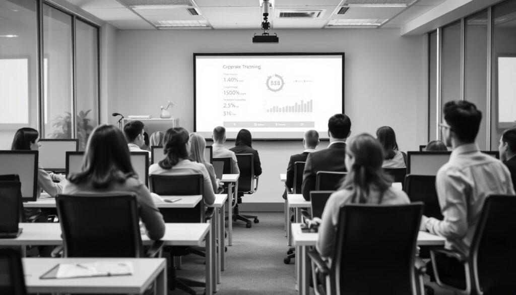 A black and white corporate training film set in a modern office environment. The frame is composed with a focus on the foreground, showcasing a small group of diverse office workers attentively watching a presentation on a large screen. The middle ground features neatly arranged desks and ergonomic chairs, creating a sense of order and professionalism. The background subtly blurs into a clean, minimalist decor, emphasizing the training session as the central point of interest. Soft, even lighting creates a calm, focused atmosphere, while a slightly low camera angle suggests an instructional, educational tone. The overall mood conveys an efficient, informative workplace training session tailored to a range of employee demographics.