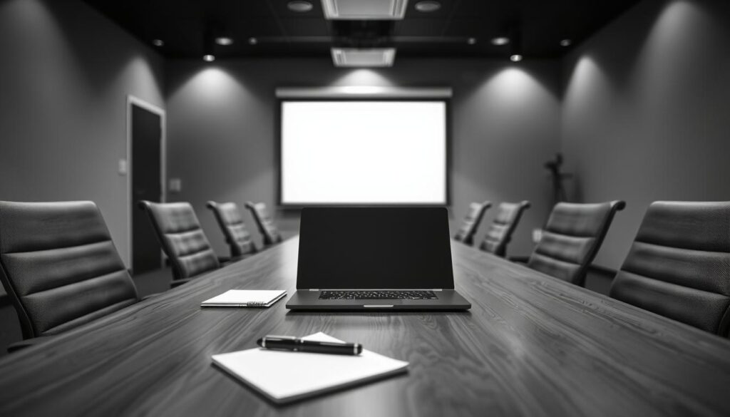 A black and white film set in a corporate training room. Soft, diffused lighting illuminates a wooden table, surrounded by ergonomic chairs. The frame captures the head-on view of the table, with a laptop, notebook, and pen neatly arranged, suggesting an imminent instructional session. The background is blurred, hinting at the presence of a projector screen or whiteboard, conveying the sense of a professional, educational environment. The overall mood is one of focus, attention, and anticipation, setting the stage for an informative, hands-on training experience. A black and white film set in a corporate training room. Soft, diffused lighting illuminates a wooden table, surrounded by ergonomic chairs. The frame captures the head-on view of the table, with a laptop, notebook, and pen neatly arranged, suggesting an imminent instructional session. The background is blurred, hinting at the presence of a projector screen or whiteboard, conveying the sense of a professional, educational environment. The overall mood is one of focus, attention, and anticipation, setting the stage for an informative, hands-on training experience.
