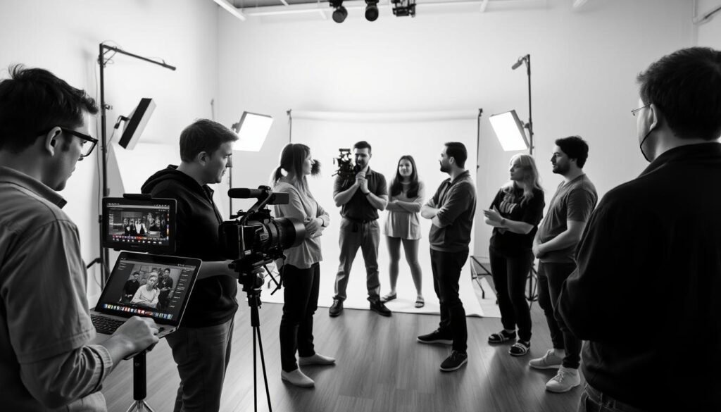 A black-and-white scene of a professional film crew gathered for a hands-on filmmaking workshop. In the foreground, a director reviews footage on a laptop, guiding a cinematographer on camera settings. In the middle ground, a small group of trainees listen intently as an instructor demonstrates lighting techniques. The background reveals a minimalist studio space, with softbox lights and a seamless backdrop, creating a focused, educational atmosphere. The overall mood is one of collaborative learning, with a emphasis on practical, industry-relevant skills. A black-and-white scene of a professional film crew gathered for a hands-on filmmaking workshop. In the foreground, a director reviews footage on a laptop, guiding a cinematographer on camera settings. In the middle ground, a small group of trainees listen intently as an instructor demonstrates lighting techniques. The background reveals a minimalist studio space, with softbox lights and a seamless backdrop, creating a focused, educational atmosphere. The overall mood is one of collaborative learning, with a emphasis on practical, industry-relevant skills.