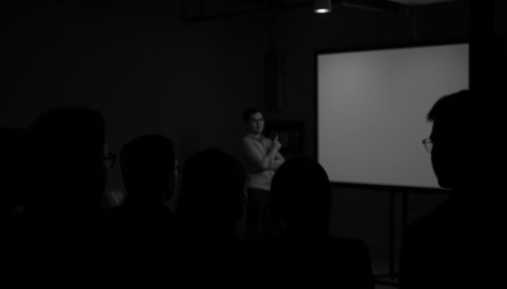 A dimly lit, black-and-white scene of a corporate training session. In the foreground, a group of employees intently focus on a presentation displayed on a large, minimalist screen. Their faces are illuminated by the soft glow, casting dramatic shadows that accentuate their concentration. In the middle ground, the trainer stands confidently, their body language conveying authority and expertise. The background is blurred, emphasizing the importance of the training material. The overall atmosphere is one of professionalism and dedication, capturing the essence of effective corporate training. A dimly lit, black-and-white scene of a corporate training session. In the foreground, a group of employees intently focus on a presentation displayed on a large, minimalist screen. Their faces are illuminated by the soft glow, casting dramatic shadows that accentuate their concentration. In the middle ground, the trainer stands confidently, their body language conveying authority and expertise. The background is blurred, emphasizing the importance of the training material. The overall atmosphere is one of professionalism and dedication, capturing the essence of effective corporate training.