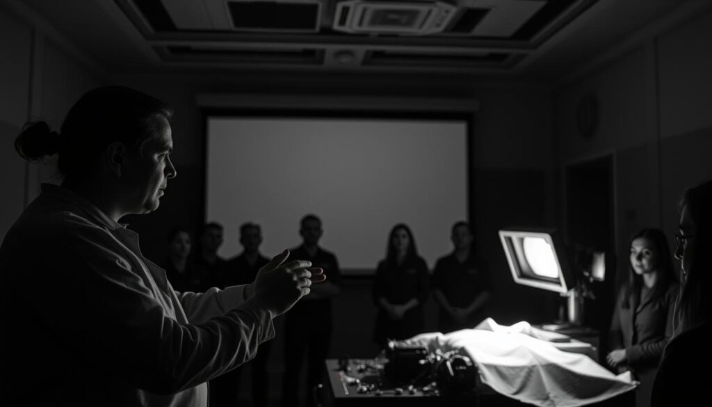 A dimly lit, black and white training film set. In the foreground, a professional instructor demonstrates a complex procedure, their movements precise and focused. The middle ground features a group of attentive trainees, their faces illuminated by the soft glow of the film projector. In the background, the room's architecture evokes a sense of authority and expertise, with clean lines and minimalist decor. The lighting is chiaroscuro, creating dramatic shadows and highlights that emphasize the importance of the lesson. The camera angle is slightly elevated, giving the viewer a sense of observing a carefully orchestrated, educational performance. A dimly lit, black and white training film set. In the foreground, a professional instructor demonstrates a complex procedure, their movements precise and focused. The middle ground features a group of attentive trainees, their faces illuminated by the soft glow of the film projector. In the background, the room's architecture evokes a sense of authority and expertise, with clean lines and minimalist decor. The lighting is chiaroscuro, creating dramatic shadows and highlights that emphasize the importance of the lesson. The camera angle is slightly elevated, giving the viewer a sense of observing a carefully orchestrated, educational performance.