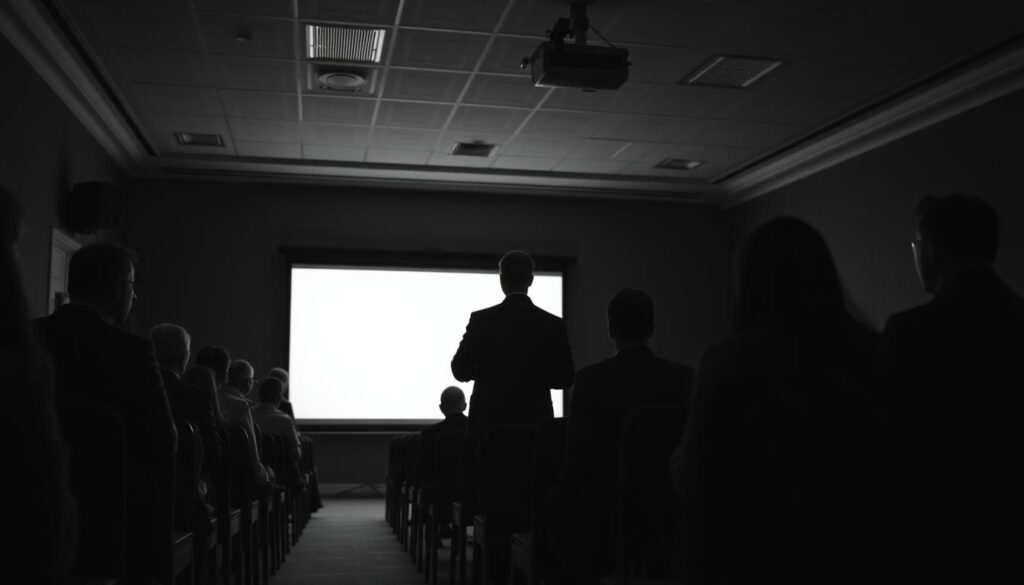 A dimly lit corporate training room, the soft glow of a projection screen casting shadows across the faces of attentive employees. Rows of sturdy wooden chairs, their simple forms echoing the practical nature of the lessons unfolding. In the foreground, a presenter stands, their silhouette sharp against the white backdrop, conveying the seriousness of the training session. The lighting is moody, creating a sense of focus and intensity, while the monochrome palette lends an air of timelessness to the scene. The camera angle is slightly elevated, giving the viewer a sense of observing the proceedings from an impartial, yet engaged, perspective. This image captures the essence of "filmy szkoleniowe" - effective corporate training through the power of film.