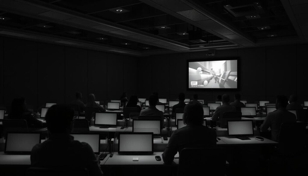A dimly lit corporate training room, the soft glow of projection screens casting shadows on the faces of attentive employees. Sleek, minimalist desks arranged in neat rows, the focus solely on the multimedia content unfolding before them. The scene is captured in a high-contrast black and white palette, emphasizing the seriousness and professionalism of the training session. Overhead, strategically placed lighting creates dramatic chiaroscuro effects, drawing the eye to the central figures and their intense engagement with the material. The atmosphere is one of focused intensity, a testament to the power of multimedia to captivate and educate in a corporate setting.