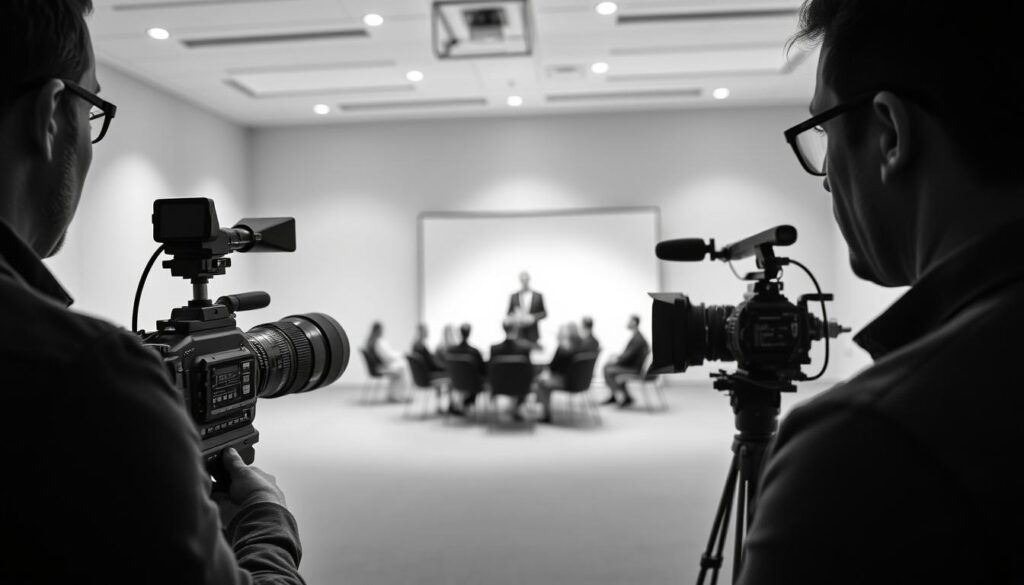 A minimalist black-and-white scene of a film production on a corporate training course. In the foreground, a crew member operates a professional video camera, their focus intense as they capture the action. In the middle ground, a presenter stands before a backdrop, delivering a presentation to a small audience seated in front of them. The lighting is soft and evenly distributed, creating a mood of seriousness and professionalism. The background is blurred, suggesting an anonymous office or conference room setting. The overall impression is one of a well-organized, efficient training film production process.