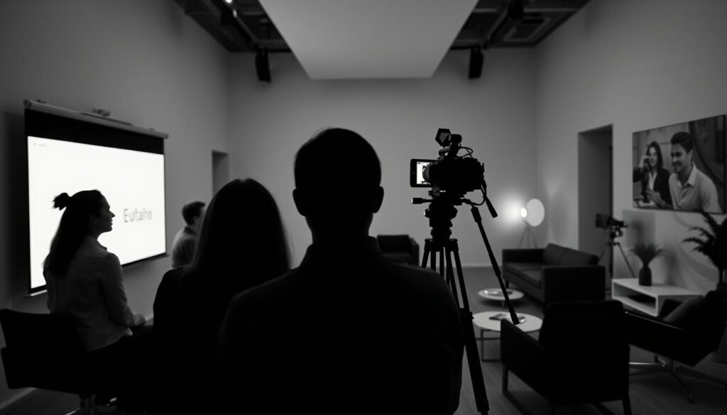 A monochromatic cinematic scene of a corporate training video shoot. In the foreground, a group of employees intently watch a demonstration, their faces illuminated by the soft glow of a projector screen. The middle ground features a professional videographer, camera poised, capturing the training session with precision. The background subtly showcases the minimalist, yet sophisticated office environment, complete with sleek furniture and subtle architectural details. The lighting is dramatic, casting long shadows and creating a sense of depth and focus. The overall atmosphere conveys the educational and informative nature of the "filmy instruktażowe" within a professional business setting. A monochromatic cinematic scene of a corporate training video shoot. In the foreground, a group of employees intently watch a demonstration, their faces illuminated by the soft glow of a projector screen. The middle ground features a professional videographer, camera poised, capturing the training session with precision. The background subtly showcases the minimalist, yet sophisticated office environment, complete with sleek furniture and subtle architectural details. The lighting is dramatic, casting long shadows and creating a sense of depth and focus. The overall atmosphere conveys the educational and informative nature of the "filmy instruktażowe" within a professional business setting.