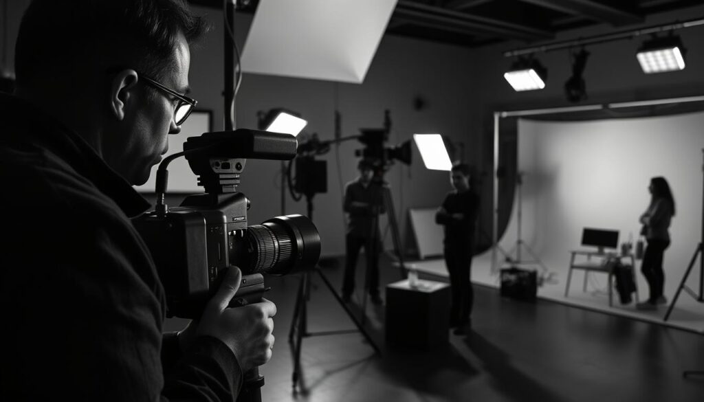 A monochrome documentary-style scene showcasing diverse types of corporate training films. In the foreground, a director reviews footage on a vintage camera, conveying a sense of focused professionalism. The middle ground features a small crew setting up lighting and sound equipment, their expressions serious as they prepare for an upcoming shoot. In the background, a minimalist studio space with simple props and backdrops, hinting at the versatility of the training content. Shadows and highlights create a somber, contemplative mood, emphasizing the educational nature of the subject matter. The overall impression is one of meticulous, no-frills filmmaking dedicated to effective corporate training.