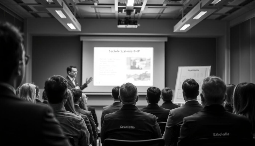 A monochrome photograph of a training session on workplace safety and health regulations, capturing the attentive faces of employees in a corporate office setting. The scene is illuminated by soft, diffused lighting, creating a somber and contemplative atmosphere. The frame focuses on the trainer, standing at the front of the room, gesturing towards a projection screen displaying relevant information. The middle ground showcases the seated trainees, their expressions reflecting the gravity and importance of the subject matter. The background blurs gently, emphasizing the central focus on the educational process. The overall composition conveys the seriousness and professionalism of the "Szkolenia BHP" training experience.