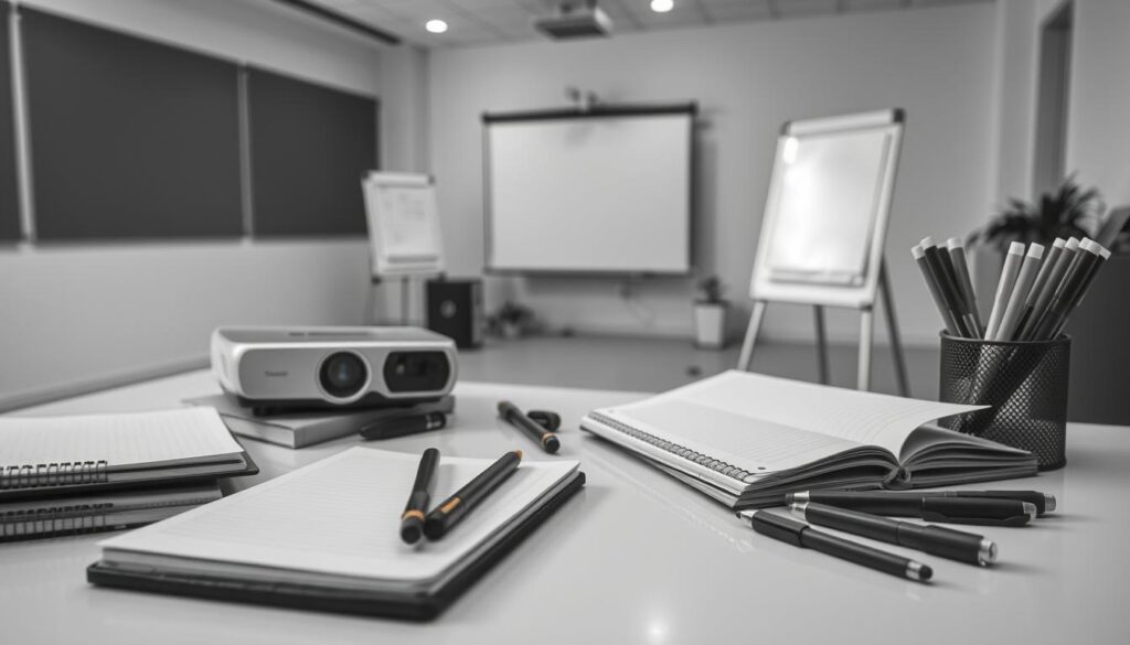 A monochrome scene depicting a collection of training tools and materials used in a professional business setting. In the foreground, an array of notebooks, pens, and highlighters are neatly arranged on a sleek, modern desk. In the middle ground, a projector, a flip chart, and a whiteboard stand ready for a training session. The background is softly blurred, hinting at a spacious, well-lit room with minimalist decor, creating a calm and focused atmosphere conducive to effective learning. The overall composition conveys a sense of organization, attention to detail, and a commitment to providing high-quality training experiences.