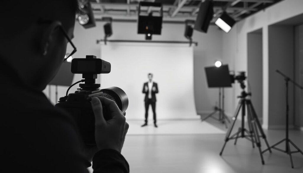 A monochrome scene depicting a training film production in a corporate setting. In the foreground, a camera operator frames a shot, their focus intense as they adjust the lens. In the middle ground, a presenter stands before a simple backdrop, their gestures animated as they engage an unseen audience. The background is softly lit, revealing the minimalist setup of a training studio - sleek equipment, muted tones, and a sense of professionalism. The overall mood is one of efficiency and attention to detail, capturing the essence of an effective training film tailored for a modern business environment. A monochrome scene depicting a training film production in a corporate setting. In the foreground, a camera operator frames a shot, their focus intense as they adjust the lens. In the middle ground, a presenter stands before a simple backdrop, their gestures animated as they engage an unseen audience. The background is softly lit, revealing the minimalist setup of a training studio - sleek equipment, muted tones, and a sense of professionalism. The overall mood is one of efficiency and attention to detail, capturing the essence of an effective training film tailored for a modern business environment.