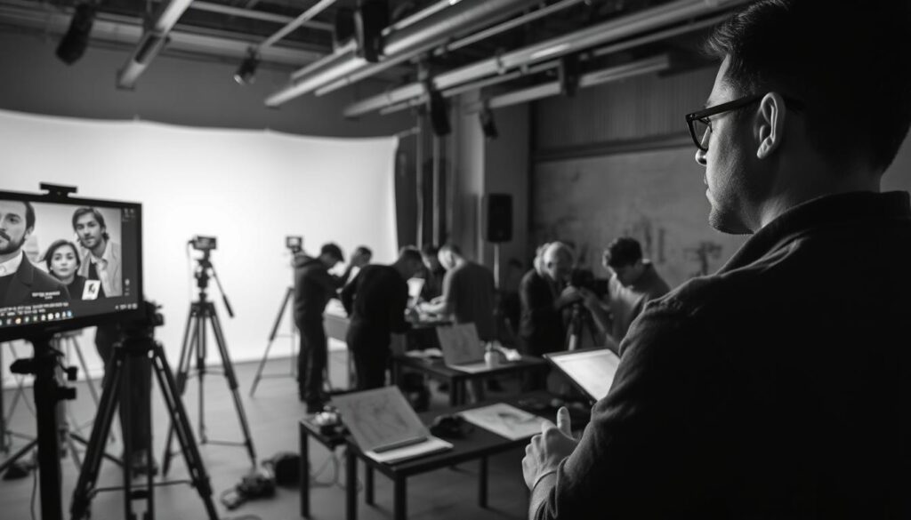 A monochrome scene showcases a team of filmmakers and animators deeply engaged in their craft. In the foreground, a director reviews footage on a large monitor, their face illuminated by the screen's glow. In the middle ground, a group of artists huddle around a workstation, sketching storyboards and manipulating digital tools. The background is filled with the hushed activity of a professional studio - tripods, camera rigs, and a softly lit backdrop that lends an air of focused intensity. The overall atmosphere conveys the dedication and expertise required to bring cinematic and animated projects to life. A monochrome scene showcases a team of filmmakers and animators deeply engaged in their craft. In the foreground, a director reviews footage on a large monitor, their face illuminated by the screen's glow. In the middle ground, a group of artists huddle around a workstation, sketching storyboards and manipulating digital tools. The background is filled with the hushed activity of a professional studio - tripods, camera rigs, and a softly lit backdrop that lends an air of focused intensity. The overall atmosphere conveys the dedication and expertise required to bring cinematic and animated projects to life.