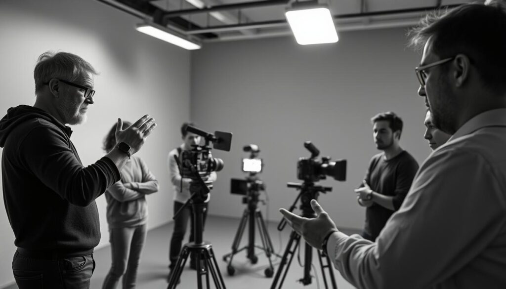 A monochrome snapshot capturing a filmmaking training session in a sleek, minimalist studio. The frame showcases a group of students intently focused on their craft, their faces illuminated by the soft glow of studio lighting. In the foreground, a seasoned instructor gestures expressively, guiding the class through the technicalities of camera work. The middle ground features an array of professional-grade equipment, meticulously arranged to facilitate hands-on learning. The background fades into a muted, understated setting, allowing the central activity to take center stage. The overall mood is one of dedication, expertise, and the pursuit of cinematic excellence.