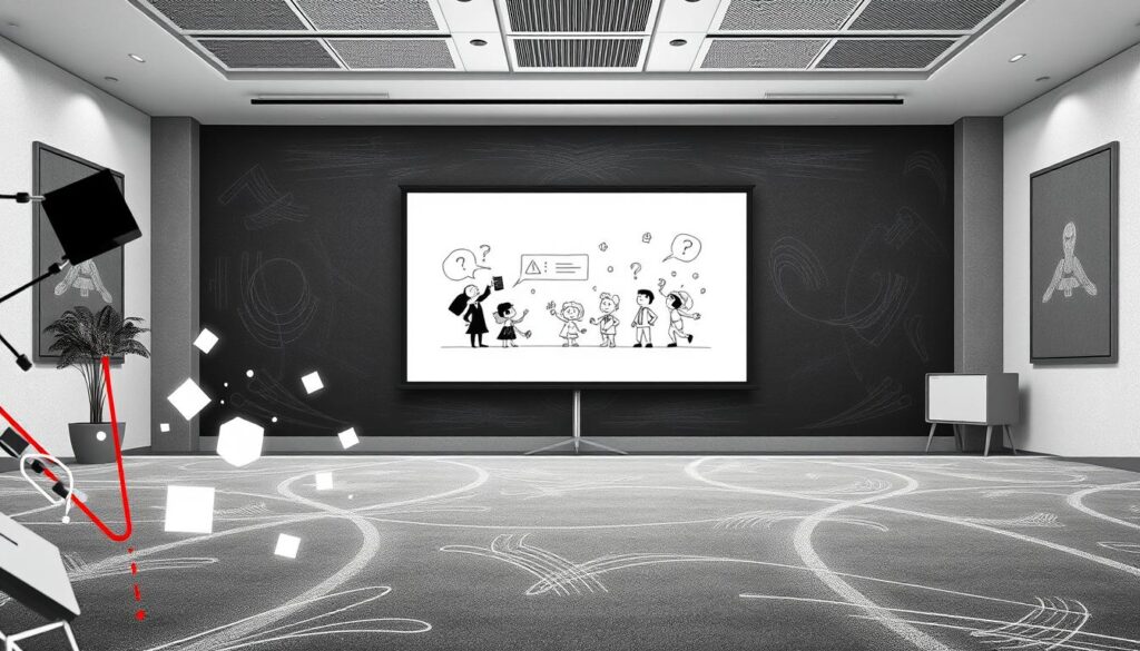 A monochrome tableau showcasing educational animations. In the foreground, vibrant abstract shapes and geometric patterns dance across a chalkboard-like surface, hinting at the dynamic nature of computer-generated visuals. The middle ground features a projection screen displaying stylized, minimalist character animations, guiding the viewer through concepts with clarity and simplicity. The background evokes a corporate training room, with clean lines, subtle textures, and a sense of understated professionalism, setting the stage for impactful, black-and-white educational animations.
