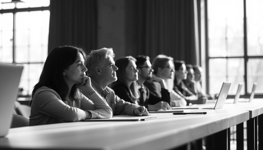 A serene, black-and-white photograph capturing the thoughtful expressions of attendees during an online video training session. The scene features a group of professionals seated at a long table, their faces illuminated by the soft, natural light filtering in through large windows. The background is slightly blurred, drawing the viewer's attention to the focused, attentive expressions of the participants as they engage with the course material. The image conveys a sense of contemplation and intellectual discourse, reflecting the quality and impact of the online video training experience.
