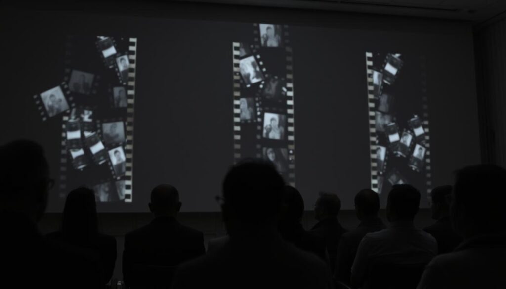 A serene, monochromatic study of film fragments projected onto a dimly lit conference room wall. The footage flickers and dances, casting a mesmerizing glow across the faces of attentive trainees. Subtle shadows and highlights accentuate the textural details of the aging reels, evoking a sense of nostalgia and the tactile nature of analog media. The scene is bathed in a soft, diffused light, creating a contemplative atmosphere conducive to learning and discussion. The frame is composed to emphasize the interplay between the projected images and the rapt audience, suggesting the power of visual storytelling in professional development. A serene, monochromatic study of film fragments projected onto a dimly lit conference room wall. The footage flickers and dances, casting a mesmerizing glow across the faces of attentive trainees. Subtle shadows and highlights accentuate the textural details of the aging reels, evoking a sense of nostalgia and the tactile nature of analog media. The scene is bathed in a soft, diffused light, creating a contemplative atmosphere conducive to learning and discussion. The frame is composed to emphasize the interplay between the projected images and the rapt audience, suggesting the power of visual storytelling in professional development.