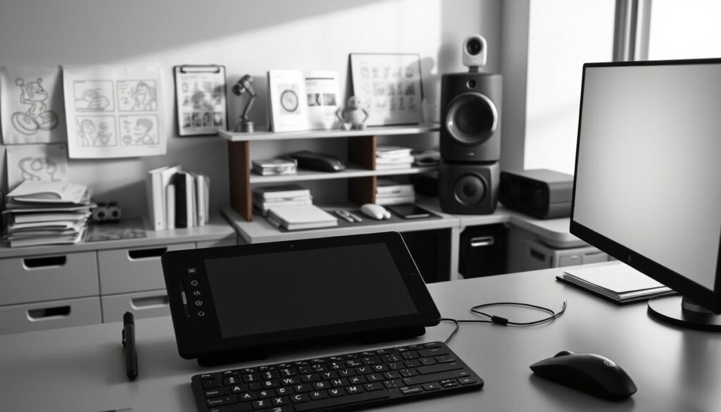 A sleek, minimalist workspace filled with the tools of the animation trade - a tactile Wacom tablet, a precision stylus, and a high-resolution display casting a soft, monochrome glow. In the foreground, an ergonomic workstation with a keyboard and mouse, ready for meticulous frame-by-frame adjustments. The background features a collection of reference materials - sketchbooks, character models, and storyboard panels - hinting at the creative process behind educational animations. Crisp, directional lighting casts dramatic shadows, emphasizing the technical mastery required to bring these digital creations to life. The overall mood is one of focused professionalism, reflecting the dedication and expertise needed to craft engaging, black-and-white animated content for corporate training.