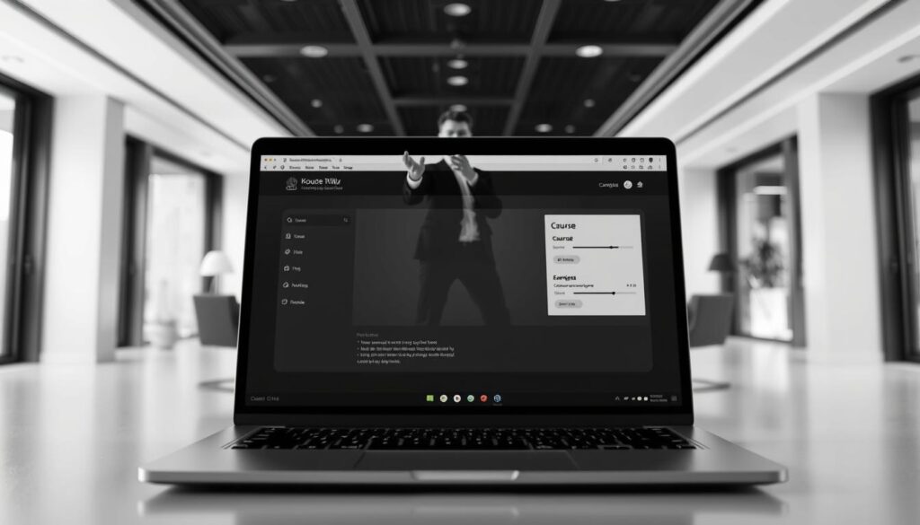 A sleek, monochrome image showcasing the process of implementing online courses in a corporate setting. In the foreground, a laptop screen displays a stylized interface for course management, its minimalist design and clean lines reflecting the simplicity and efficiency of the digital learning experience. In the middle ground, a professional instructor gestures expressively, their movements captured in a dynamic, high-contrast pose, conveying the engaging and interactive nature of the training sessions. The background features a modern, well-appointed office space, with clean lines, geometric patterns, and a sense of tranquility, creating a serene and focused environment conducive to effective learning. The overall aesthetic is sleek, sophisticated, and evocative of the seamless integration of technology and professional development within the corporate landscape.