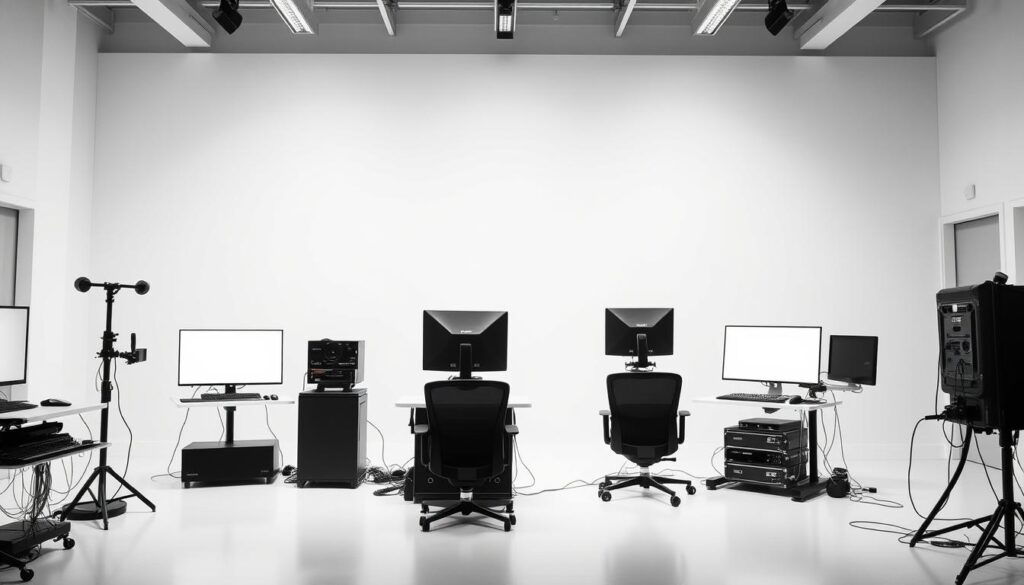 A state-of-the-art modern technical setup in a minimalist, monochrome aesthetic. Sleek, high-end workstations arranged in a clean, well-lit studio space. Diffused, soft lighting accentuates the smooth surfaces and sharp lines of the hardware. Cables and cords neatly organized, creating a sense of order and efficiency. In the background, a large, uncluttered wall serves as a neutral backdrop, allowing the focus to remain on the advanced equipment. The overall scene conveys a professional, cutting-edge atmosphere suitable for specialized film and 3D animation training.