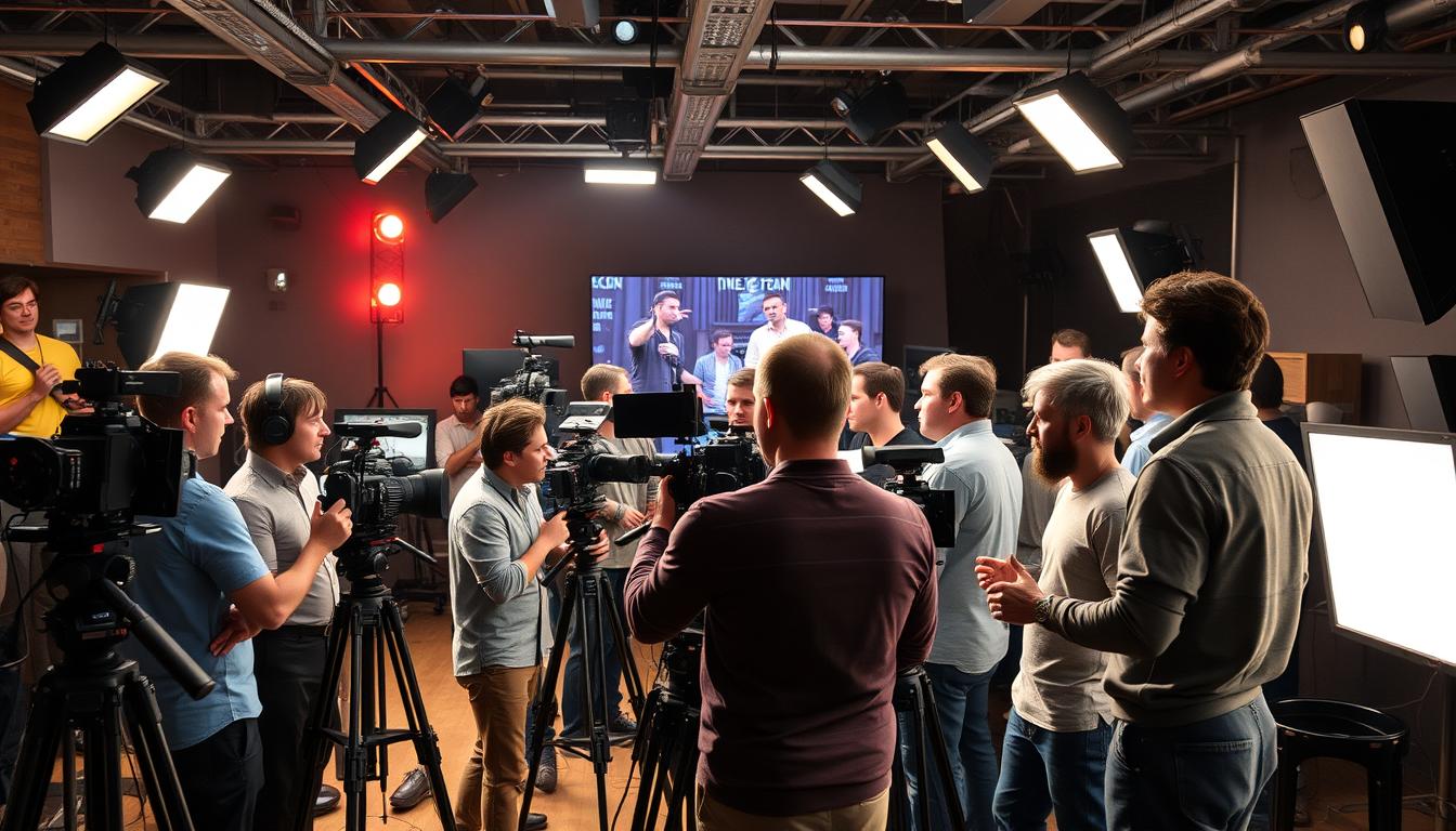 Generuj obraz: profesjonalne studio filmowe z ekipą filmową
