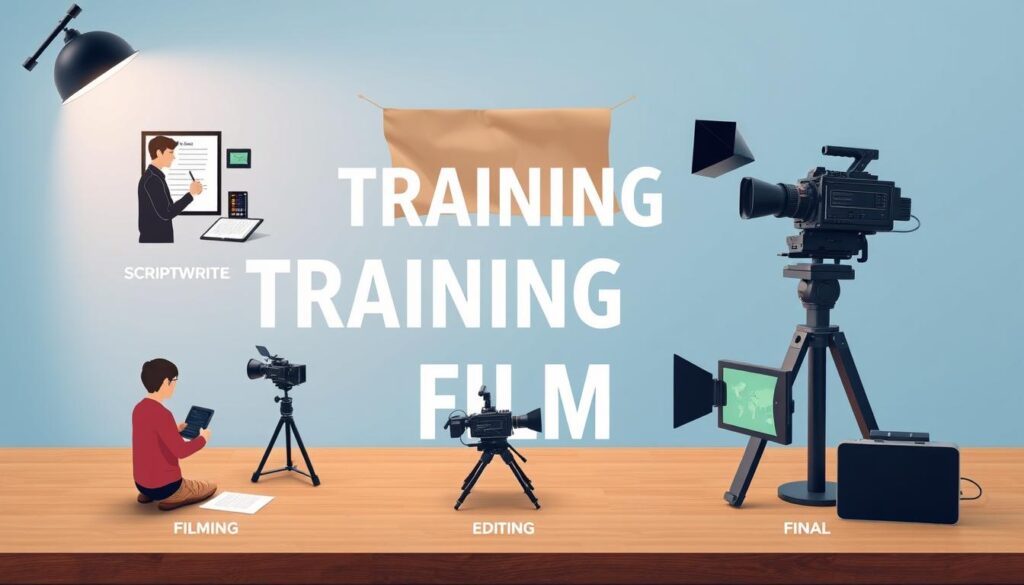 Generuj obrazek przedstawiający etapy tworzenia filmu szkoleniowego Generuj obrazek przedstawiający etapy tworzenia filmu szkoleniowego