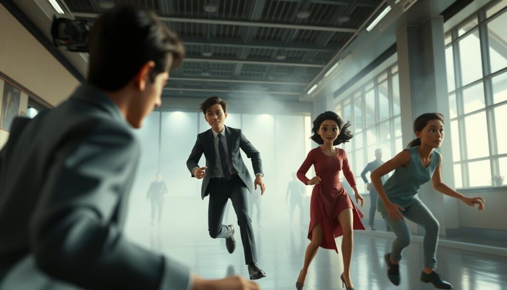 3D animated sequence seamlessly integrated into a live-action cinematic shot. Detailed CG character models performing dynamic motions against a photorealistic backdrop. Precise camera tracking and lighting to achieve a unified visual style. Subtle depth of field, realistic shadows, and atmospheric effects enhance the sense of immersion. The scene exudes a glossy, high-production value with a polished, cinematic aesthetic. Cinematic camera angles, movements, and framing highlight the interplay between the 3D elements and live footage. The overall mood is one of technical mastery, creative vision, and visual storytelling.
