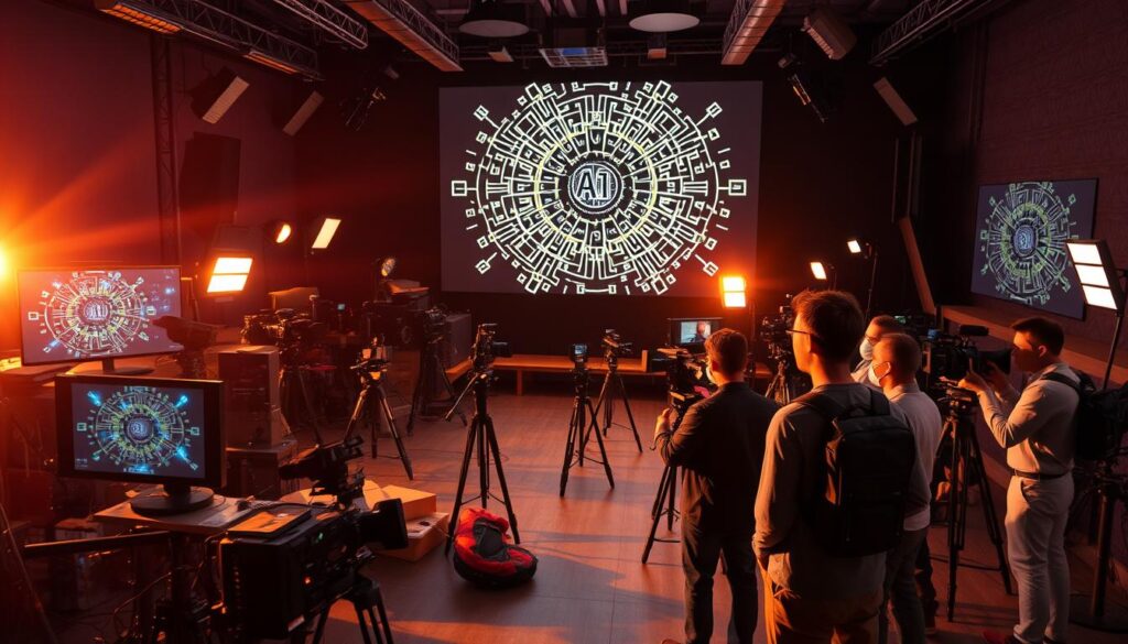 A bustling film production studio, illuminated by warm, cinematic lighting. In the foreground, a director reviews footage on a high-resolution monitor, while a team of animators, VFX artists, and AI technicians collaborate on a cutting-edge 3D project. The middle ground features an array of professional-grade cameras, lighting rigs, and other filmmaking equipment, all meticulously arranged. In the background, a wall-sized screen displays a complex AI algorithm, its intricate patterns and visualizations hinting at the powerful role of artificial intelligence in modern film production. The atmosphere is one of creative energy, technical innovation, and a relentless pursuit of cinematic excellence.