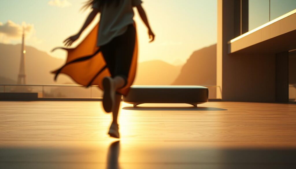 A captivating cinematic scene unfolds, showcasing the artistry of filmmaking. In the foreground, a dynamic 3D animated character moves gracefully, their movements seamlessly blended with the live-action footage. The middle ground features a sleek, modern product placement, its form and texture meticulously rendered. The background is a visually striking environment, perhaps a futuristic cityscape or a serene natural landscape, bathed in warm, cinematic lighting that casts dramatic shadows and highlights the depth of the composition. The overall mood is one of elegance, creativity, and technical mastery, capturing the essence of a marketing production that elevates the brand through a visually captivating, artistic approach to filmmaking.