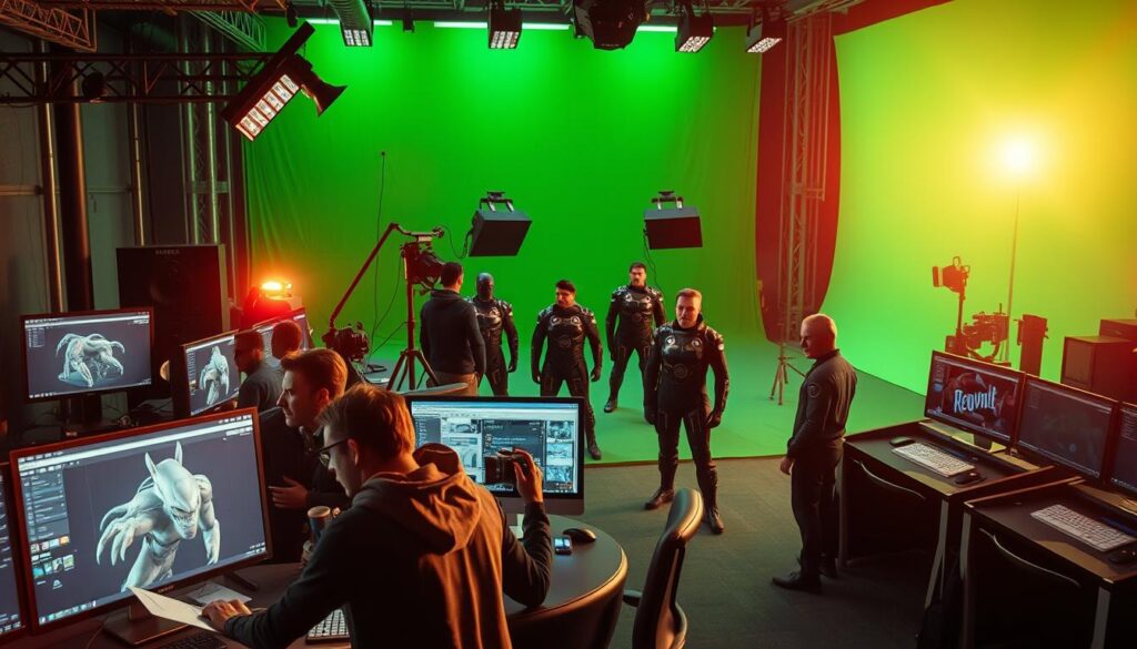 A cutting-edge film production agency, its workspace buzzing with innovative 3D technologies. In the foreground, a team huddled around a large display, meticulously refining a lifelike 3D model. Nearby, a bank of powerful workstations, their screens awash in complex 3D rendering software. The middle ground reveals a state-of-the-art motion capture setup, actors in sleek suits dotted with reflective markers. In the background, a towering green screen fills the frame, ready to transport this cinematic vision to any fantastical realm. Mood lighting casts a warm, energetic glow, heightening the sense of creative dynamism. This is the cutting edge of film production, where innovation reigns supreme.