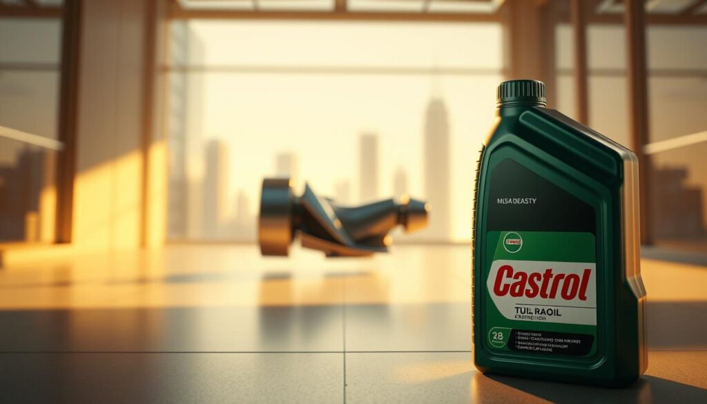 A dynamic 3D animated film scene showcasing the Castrol brand. In the foreground, a high-quality, photorealistic Castrol oil bottle stands prominently, reflecting light and casting subtle shadows. The middle ground features a sleek, modern automotive part, such as an engine component, suspended in a clean, minimalist environment. The background depicts a soft, out-of-focus cityscape, suggesting an urban, professional setting. The lighting is warm and directional, creating a sense of depth and highlighting the Castrol product. The camera angle is slightly low, adding a sense of power and authority to the Castrol branding. The overall mood is one of sophistication, technical precision, and brand excellence.