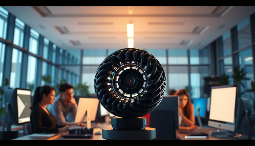 A dynamic and immersive 3D animation depicting the production process of a corporate video. In the foreground, a team of creative professionals collaborates, their faces illuminated by the glow of computer screens. In the middle ground, a three-dimensional model of a product slowly rotates, showcasing its intricate details. The background features a sleek, modern office environment with floor-to-ceiling windows, allowing natural light to filter in and create a sense of depth and atmosphere. The overall scene conveys a balance of technical proficiency, creative energy, and a focus on presenting the product in the most engaging and visually captivating manner.