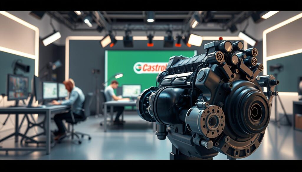 A high-quality 3D animated scene depicting the production of a video for Castrol. In the foreground, a dynamic 3D model of an automotive engine is prominently displayed, its intricate components moving and interacting in a visually captivating manner. The middle ground features a team of 3D animators working diligently at their workstations, their expressions focused as they refine the animation. In the background, a sleek and modern studio space with state-of-the-art equipment and lighting setups creates an atmosphere of professionalism and technical expertise. The overall scene conveys the precision, creativity, and technical prowess involved in the production of high-quality 3D animations for corporate video content.