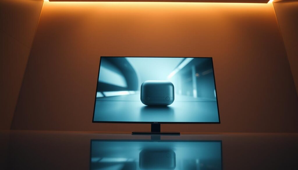 A high-quality, cinematic product video playing on a sleek, modern display. The camera captures the video from a low, dynamic angle, showcasing the product's elegant design and dynamic movements. Soft, warm lighting illuminates the scene, creating a professional, inviting atmosphere. The product is the focal point, surrounded by a minimalist, high-tech environment that amplifies its features. Subtle reflections on the display's surface add depth and realism to the composition. The overall mood is one of technological sophistication, innovation, and the power of visually engaging storytelling to promote a product.