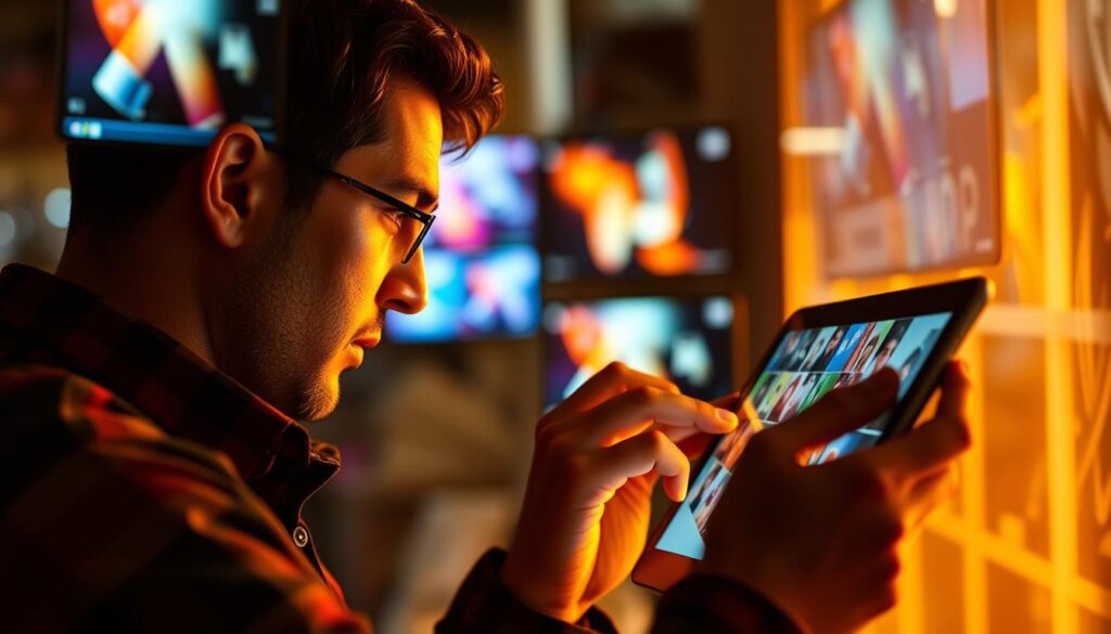 A high-resolution, cinematic image of a customer browsing a range of colorful, well-designed product videos displayed on various digital devices. The scene is bathed in warm, directional lighting, creating a sense of depth and atmosphere. The customer's face is subtly reflected in the screens, capturing their engaged and thoughtful expression as they navigate through the immersive video content. The background is slightly blurred, emphasizing the focal point of the product videos and their influence on the customer's purchase decision-making process.