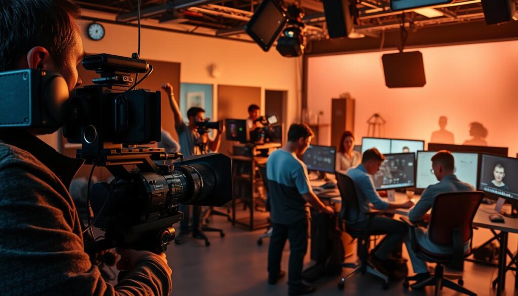 A high-tech film studio with state-of-the-art equipment and a team of skilled professionals at work. In the foreground, a cinematographer operates a sleek, modern camera, capturing the action with precision. In the middle ground, animators huddle around computer screens, meticulously crafting 3D models and animating them with AI-powered tools. In the background, the studio is bathed in a warm, cinematic lighting, creating a sense of depth and atmosphere. The overall scene conveys the complexity and creativity involved in the process of producing a professional product film, reflecting the article's subject and section title.