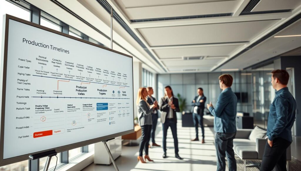 A modern office interior with a large whiteboard or display screen prominently featured in the foreground. The board displays various timelines, graphs, and infographic elements illustrating the production timelines for different types of product videos. In the middle ground, a team of video production professionals is engaged in discussion, gesturing towards the whiteboard. The background features sleek, minimalist decor with plenty of natural lighting flooding the space, creating a professional and collaborative atmosphere. The overall composition emphasizes the careful planning and organization required for efficient product video production.