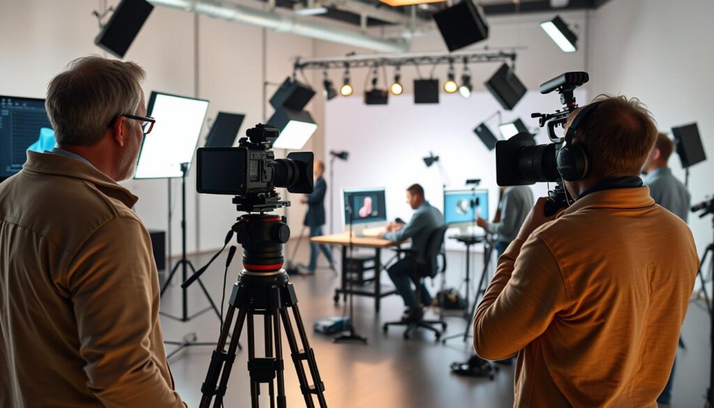 A modern, well-lit film studio set with a professional video production crew capturing the creation of a 3D animated product commercial. In the foreground, a director reviews the 3D product model on a large monitor while the camera operator adjusts the DSLR camera on a steady tripod. In the middle ground, a 3D animator works on a computer, refining the animated sequences. In the background, lighting equipment, grip gear, and additional production staff collaborate to bring the commercial to life. The atmosphere is one of focused, collaborative creativity, showcasing the technical expertise and attention to detail required to produce a high-quality professional product video.