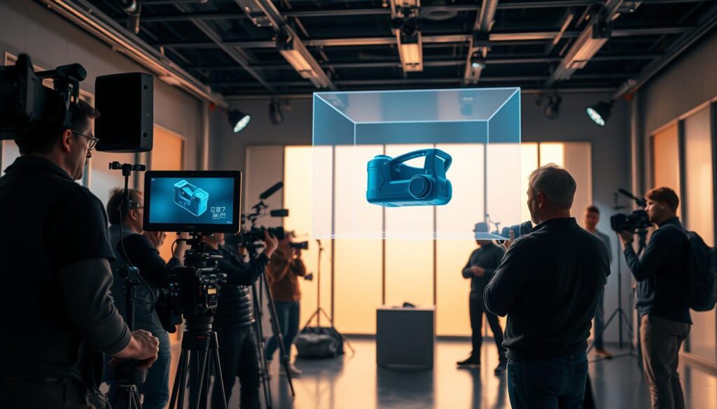 A professional film crew capturing the production process of a video product shoot. In the foreground, a director reviews the footage on a monitor, surrounded by a team of cinematographers, lighting technicians, and camera operators. In the middle ground, a 3D model of the product is suspended in the air, its holographic representation projected onto a screen. The background features a sleek, modern studio space with large windows letting in warm, diffused natural light. The overall atmosphere conveys a sense of precision, efficiency, and creative collaboration in the making of a high-quality product video.