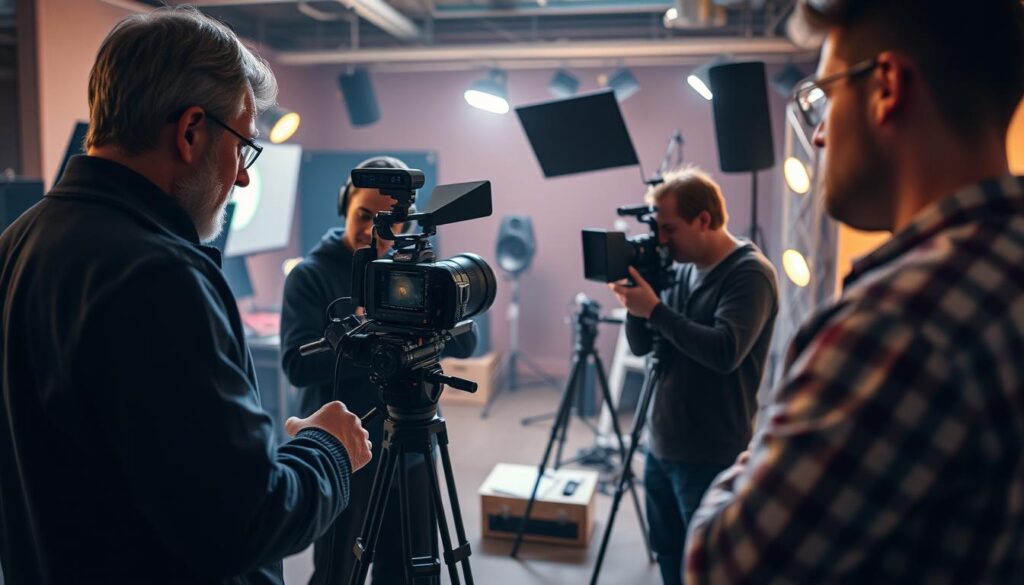 A professional film crew diligently working on the production of a commercial video. In the foreground, a director reviews the framing and lighting with the cinematographer, while the camera operator stands ready to capture the perfect shot. In the middle ground, a sound engineer fine-tunes the audio equipment, ensuring seamless integration of visuals and audio. In the background, a production assistant meticulously organizes props and equipment, maintaining the efficient flow of the shoot. The atmosphere is focused and collaborative, with each member of the crew playing a crucial role in bringing the product to life through the lens of the camera. Soft, warm lighting illuminates the scene, lending a sense of professionalism and attention to detail.