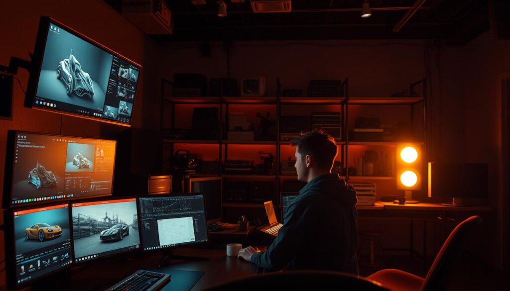 A professional film post-production studio, dimly lit with a warm, amber glow. In the foreground, a workstation with multiple high-resolution monitors displays 3D models, complex visual effects, and color-graded footage. The middle ground features an editor meticulously piecing together the final cut, their eyes fixed on the timeline. In the background, shelves of film equipment, cameras, and lighting gear create a sense of the technical expertise and resources available. A subtle hum of computer fans and the occasional click of a mouse complete the immersive atmosphere of a dedicated post-production environment crafting a premium product video for Castrol.