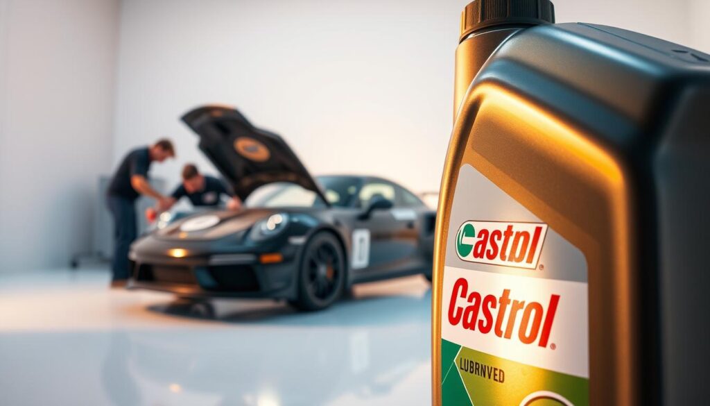 A professional, high-quality product video showcasing a range of Castrol lubricant products. The foreground features a close-up shot of a Castrol oil bottle, its sleek metallic surface gleaming under soft, warm lighting. The middle ground depicts a modern, well-equipped workshop, with mechanics tending to a high-performance vehicle, highlighting the product's use in real-world applications. In the background, a clean, minimalist studio backdrop provides a clean, uncluttered environment, allowing the product and its presentation to take center stage. The overall mood is one of sophistication, expertise, and the confidence that Castrol's lubricants can deliver superior performance and protection.